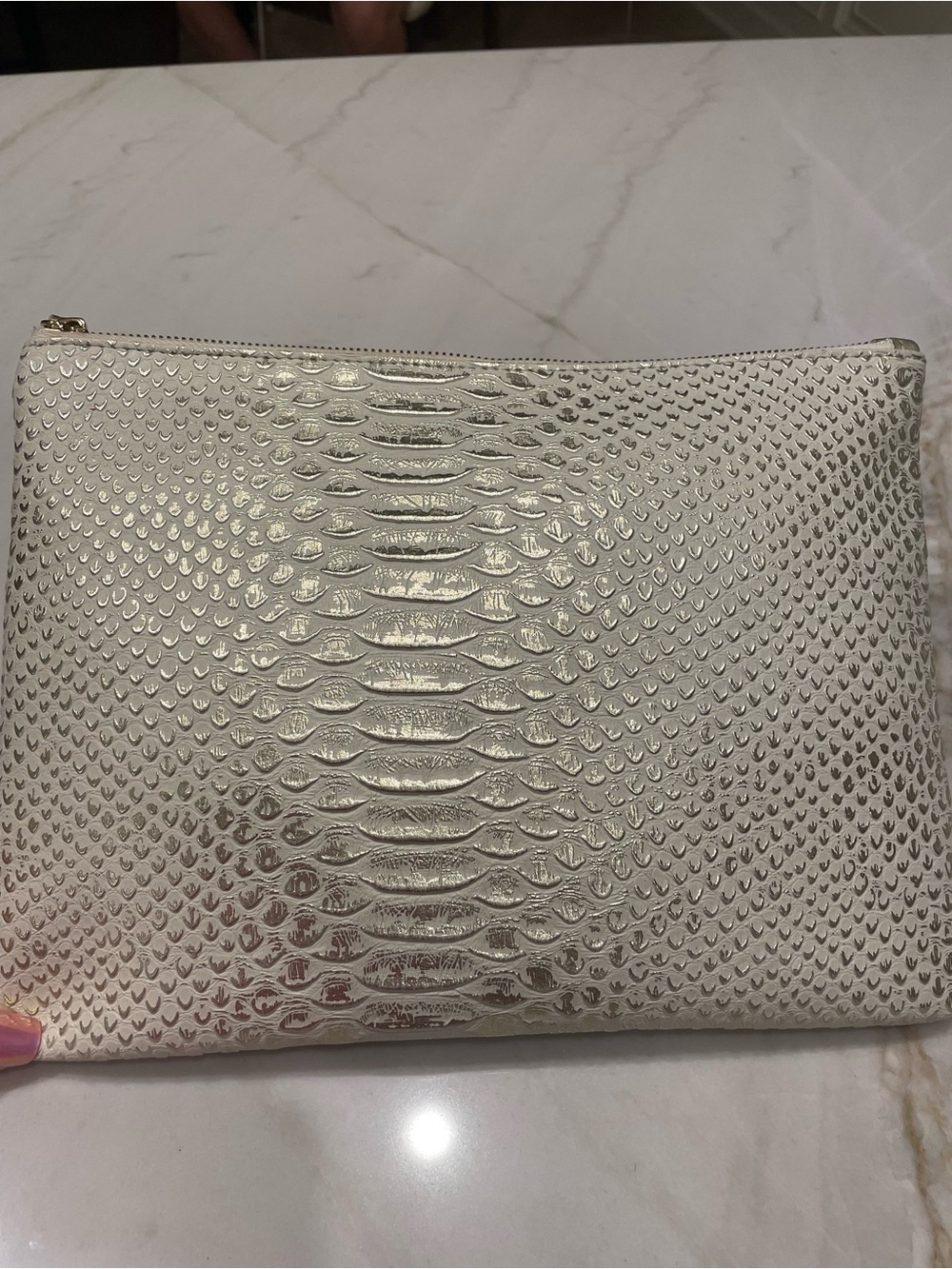 Metallic Snake-Embossed Zip Pouch - Ivory